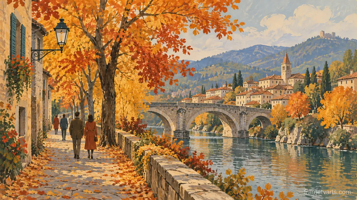 Small figures strolling beneath autumn trees – vintage-style gouache illustration Samsung Frame TV art, 4K