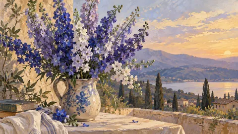 Birth-flower-inspired bouquet of larkspur – decorative gouache keepsake composition Frame TV art