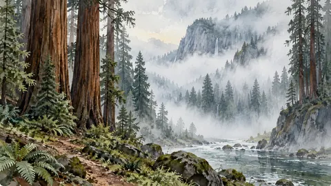 Fog rolling through redwood forest – loose watercolor Frame TV art