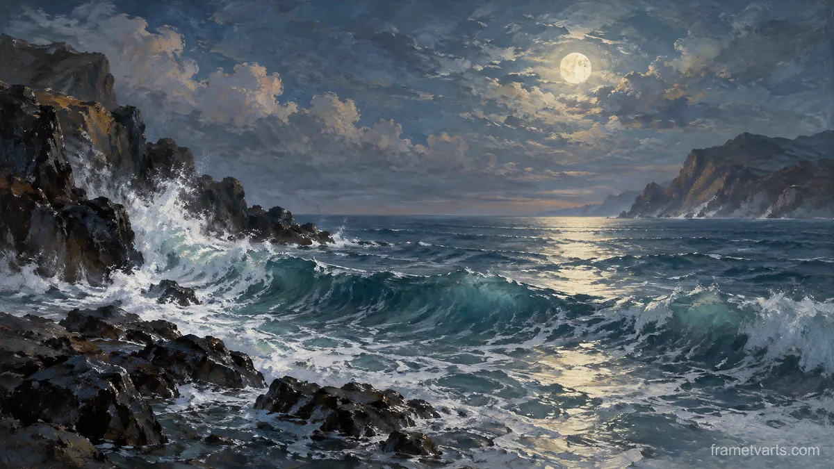 Ocean swell beneath a pale moon – atmospheric oil painting Samsung Frame TV art, 4K