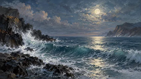 Ocean swell beneath a pale moon – atmospheric oil painting Frame TV art