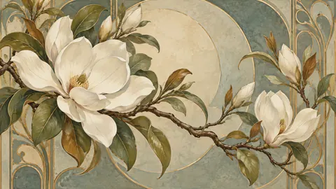 White magnolia branch with unfurling leaves – decorative art nouveau painting Frame TV art