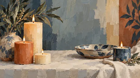 Candles and a shallow ceramic dish – modern gouache still life Frame TV art