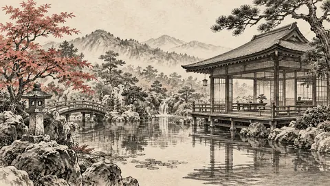 Japanese-inspired wooden garden pavilion – architectural ink drawing Frame TV art