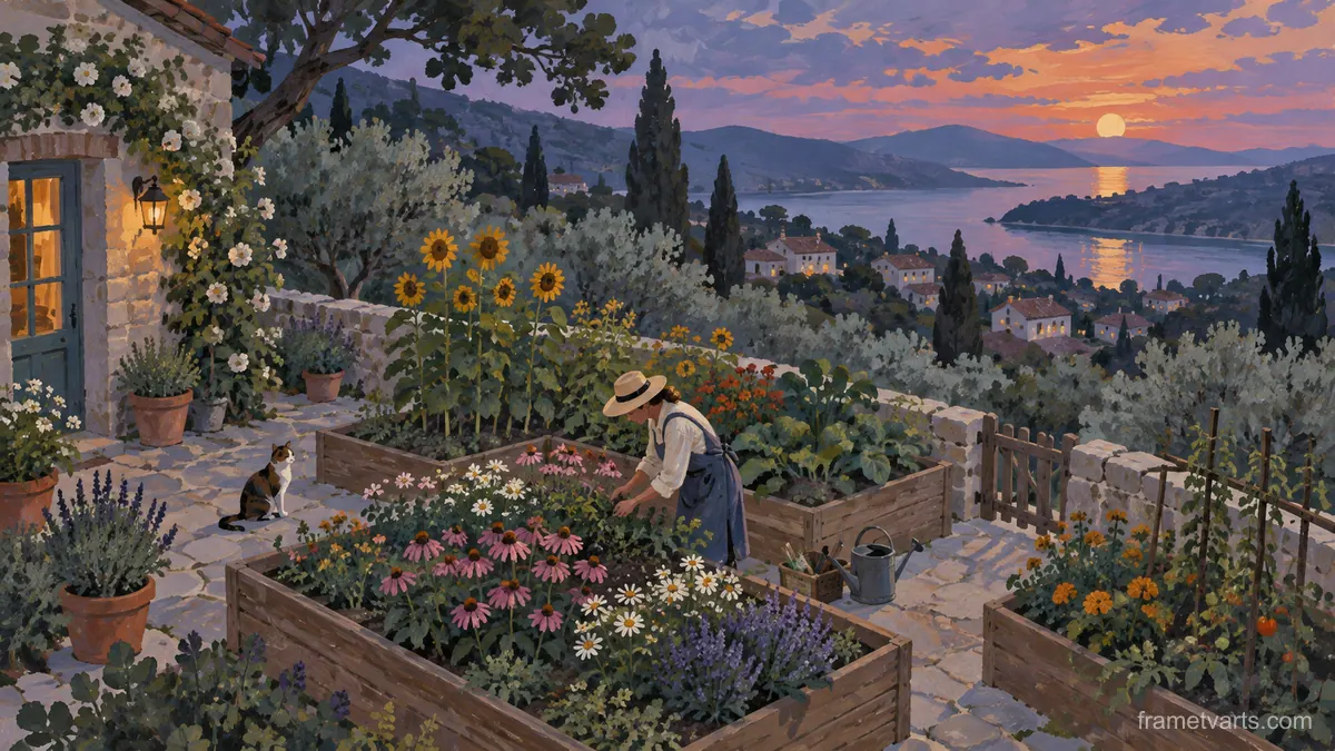 Gardener tending raised flower beds – vintage-style gouache illustration Samsung Frame TV art, 4K