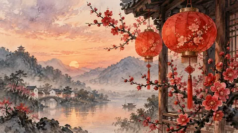 Lunar New Year red lanterns and plum blossoms – elegant watercolor Frame TV art