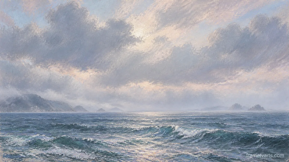 Open sea and distant horizon in soft mist – soft pastel landscape Samsung Frame TV art, 4K