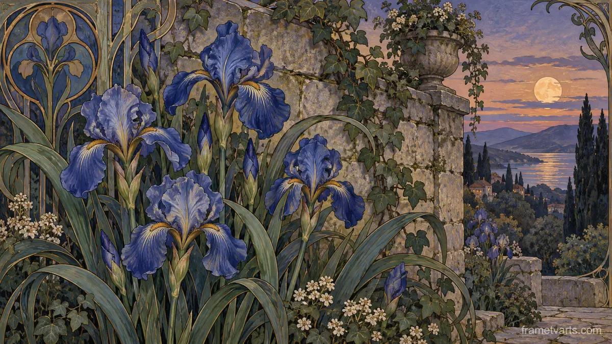 Blue irises beside a stone garden wall – decorative art nouveau painting Samsung Frame TV art, 4K