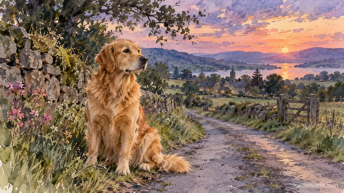 Golden dog beside a quiet country lane – loose watercolor Samsung Frame TV art, 4K