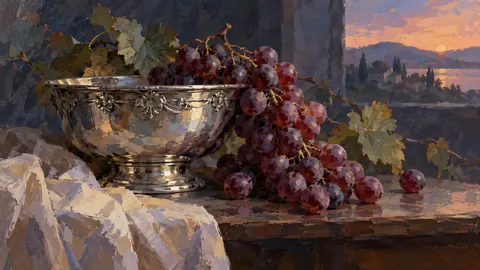 Grapes beside an antique silver bowl – modern gouache still life Frame TV art