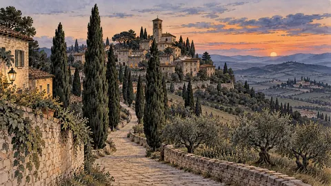 Tuscan-inspired hill village and cypress avenue – architectural ink drawing Frame TV art