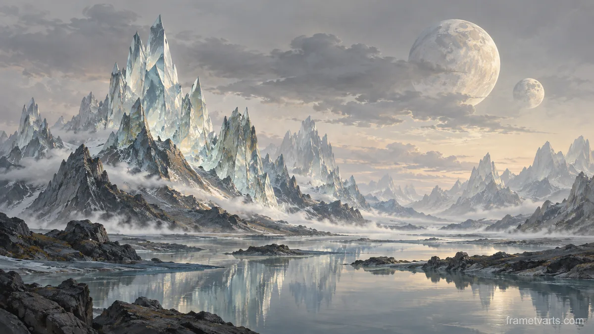Glasslike mountain peaks below twin moons – surrealist fine-art illustration Samsung Frame TV art, 4K