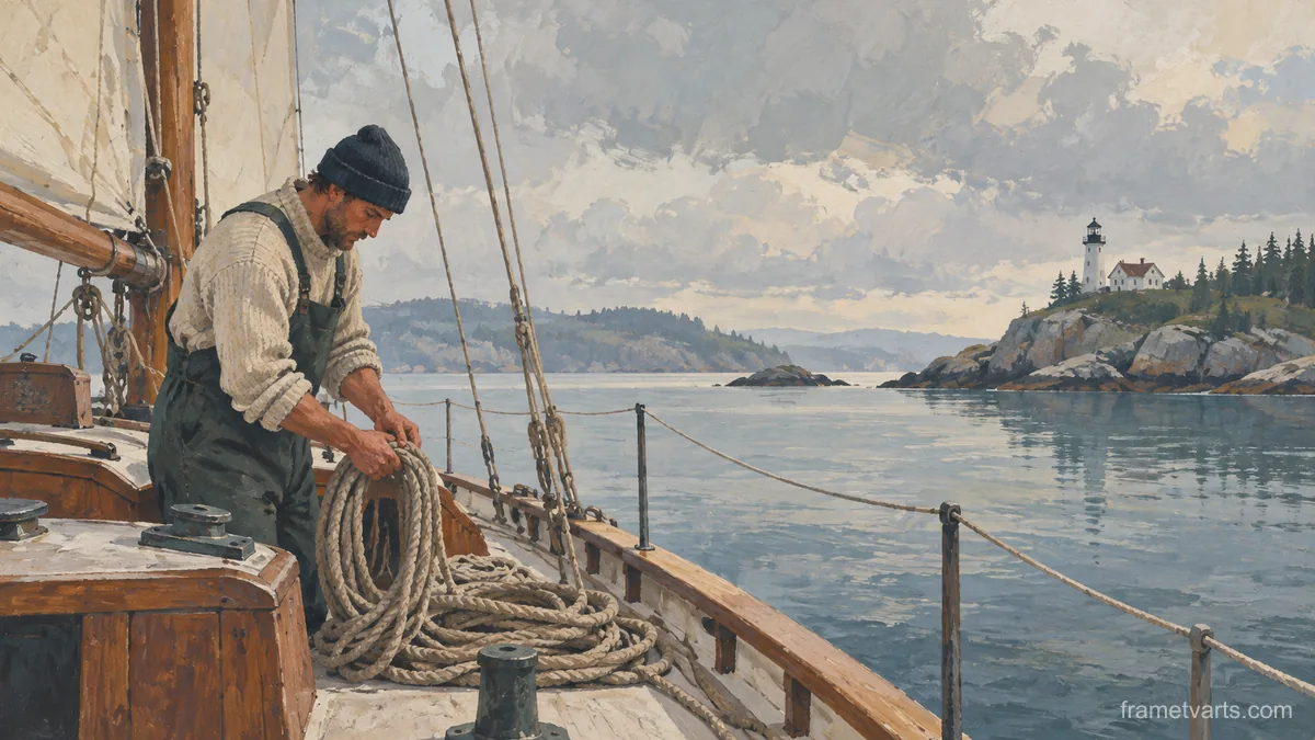 Sailor preparing ropes on a quiet boat – vintage-style gouache illustration Samsung Frame TV art, 4K