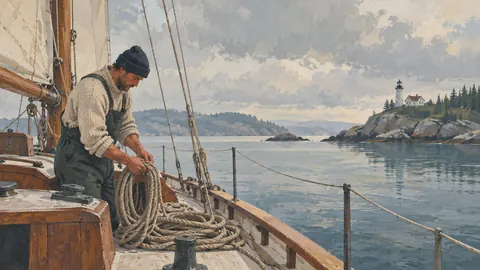 Sailor preparing ropes on a quiet boat – vintage-style gouache illustration Frame TV art