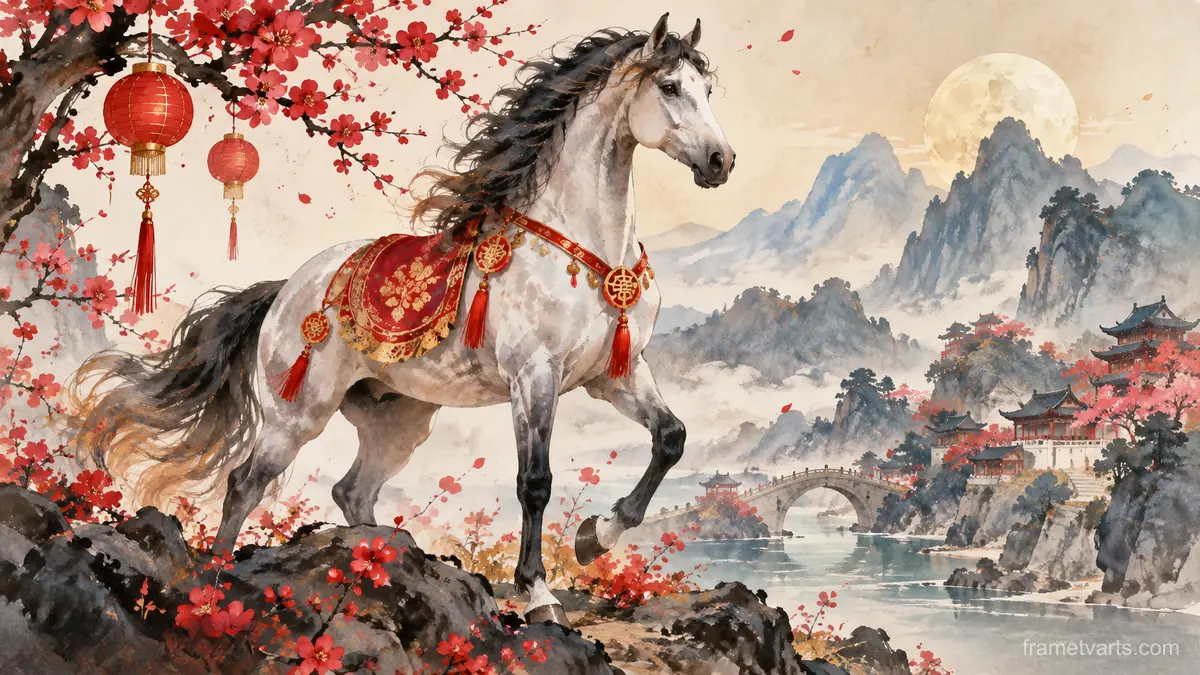 Lunar New Year decorative original zodiac horse – elegant watercolor Samsung Frame TV art, 4K
