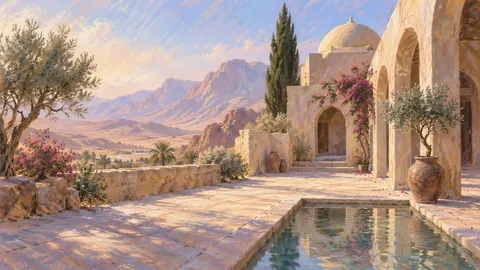 Desert prayer courtyard without people or lettering – soft pastel landscape Frame TV art