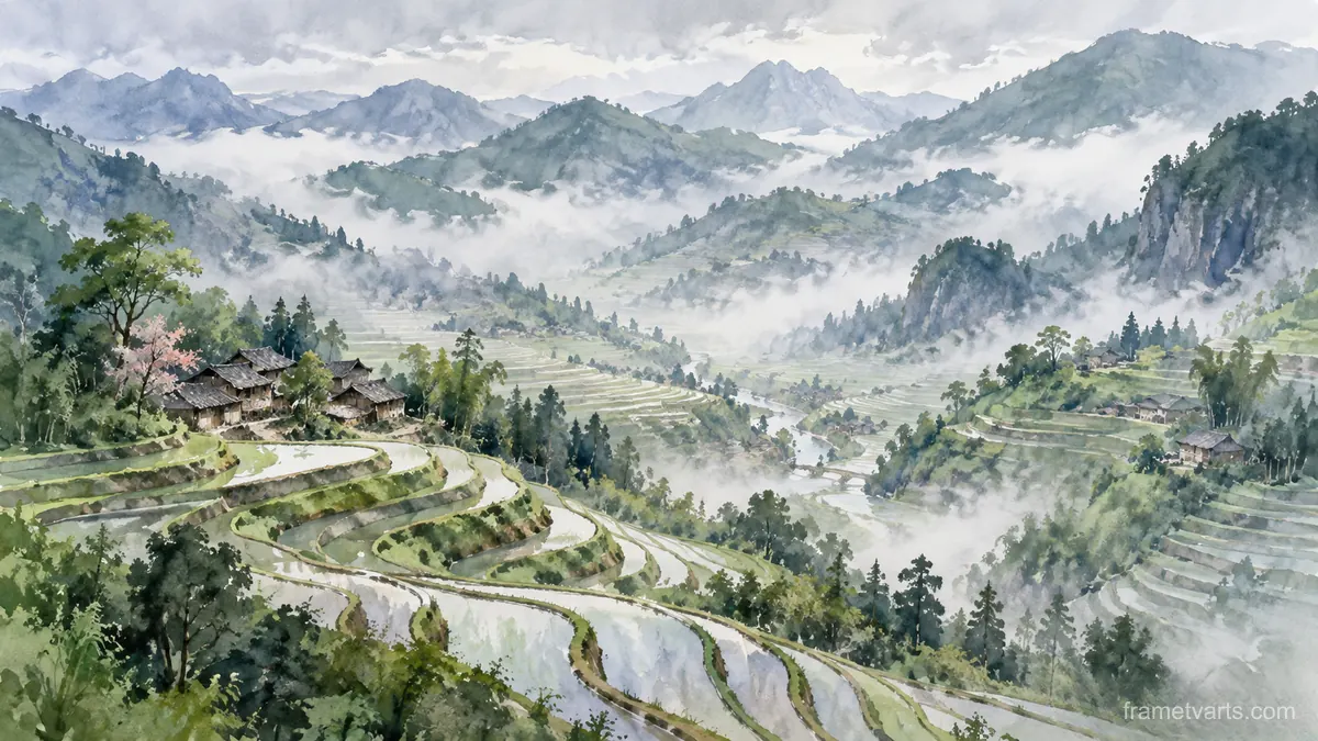 Terraced rice valley in morning mist – loose watercolor Samsung Frame TV art, 4K