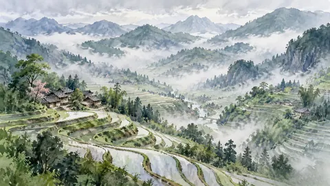 Terraced rice valley in morning mist – loose watercolor Frame TV art