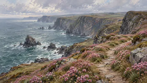 Clifftop path through pink thrift flowers – atmospheric oil painting Frame TV art