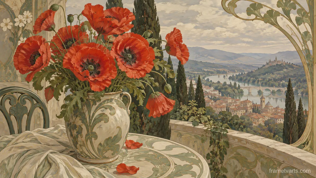 Scarlet poppies in a loose ceramic vase – decorative art nouveau painting Samsung Frame TV art, 4K