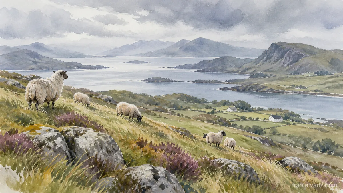Sheep on a windswept hillside – loose watercolor Samsung Frame TV art, 4K
