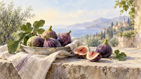 Figs and a linen napkin on a stone table – watercolor still life Frame TV art