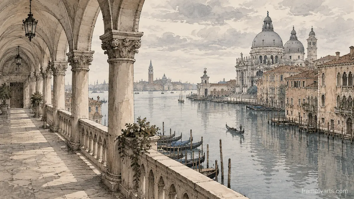 Venetian-inspired arcade beside still water – architectural ink drawing Samsung Frame TV art, 4K
