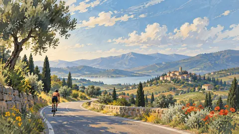 Cyclist on a winding country road – vintage-style gouache illustration Frame TV art