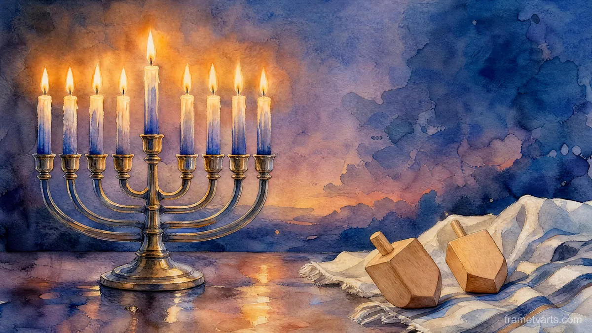 Hanukkah nine-branched hanukkiah with eight candle positions plus a distinct shamash – elegant watercolor Samsung Frame TV art, 4K
