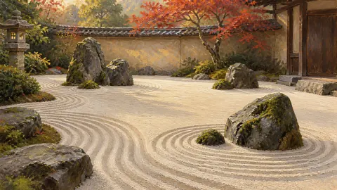 Quiet zen rock garden with carefully raked sand – luminous contemplative oil Frame TV art