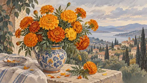 Birth-flower-inspired bouquet of marigolds – decorative gouache keepsake composition Frame TV art