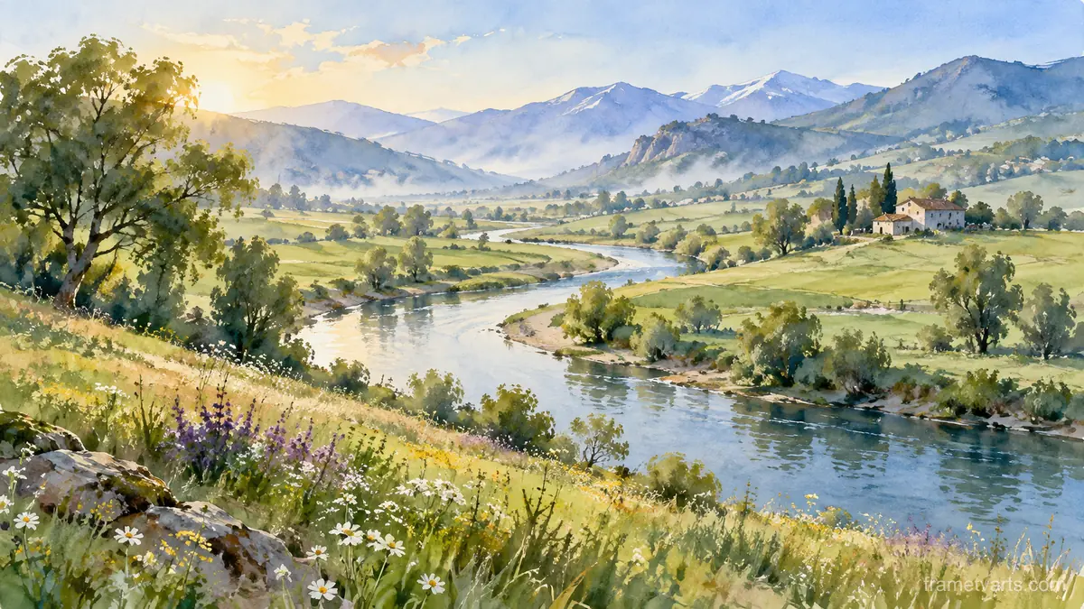 Meandering river through spring pasture – loose watercolor Samsung Frame TV art, 4K