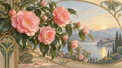 Pink camellias above glossy leaves – decorative art nouveau painting Frame TV art