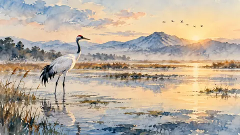 Crane standing in shallow water – loose watercolor Frame TV art