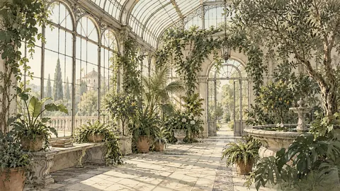 Old conservatory filled with green plants – architectural ink drawing Frame TV art