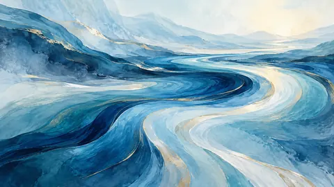 Flowing riverlike bands across open space – cool blue lyrical abstraction Frame TV art