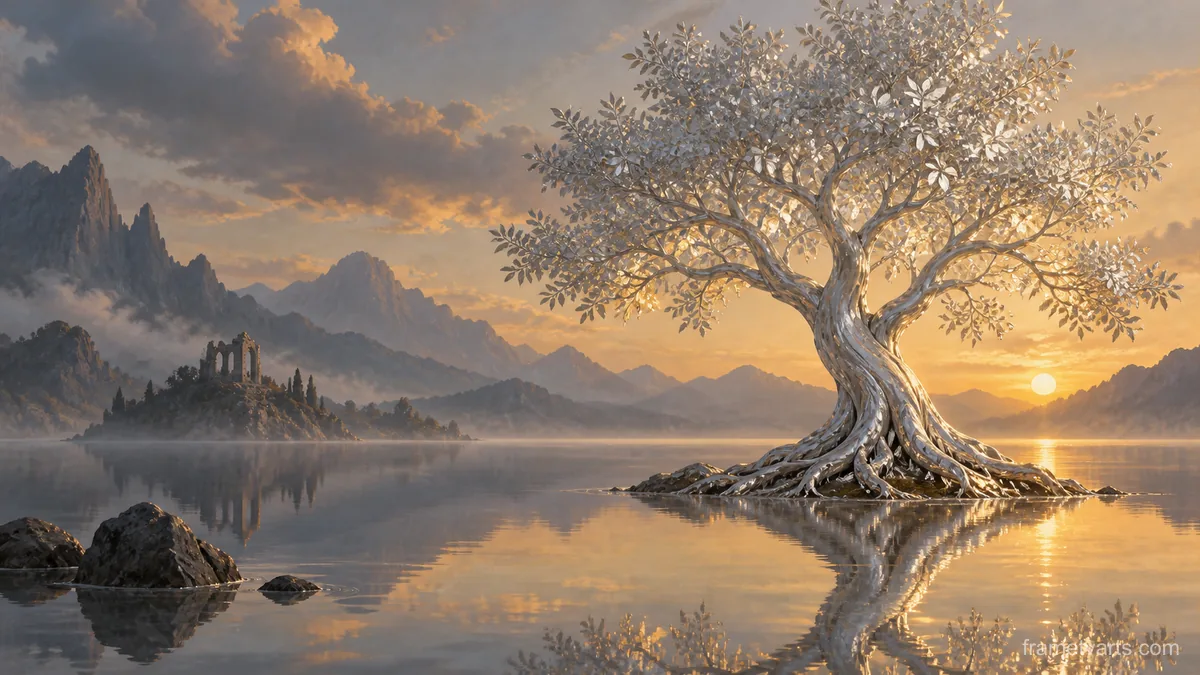 Silver tree growing from a still lake – surrealist fine-art illustration Samsung Frame TV art, 4K