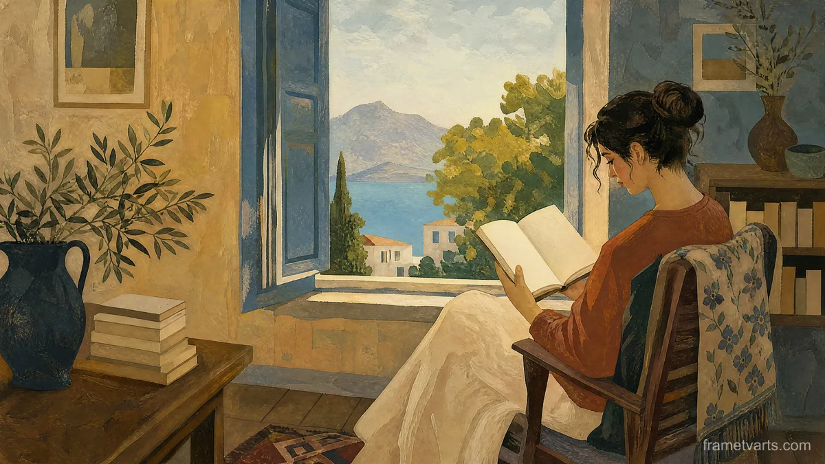 Reader beside an open window – vintage-style gouache illustration Samsung Frame TV art, 4K