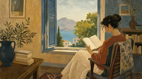 Reader beside an open window – vintage-style gouache illustration Frame TV art