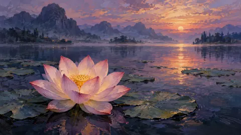 Lotus flower above still water – luminous contemplative oil Frame TV art