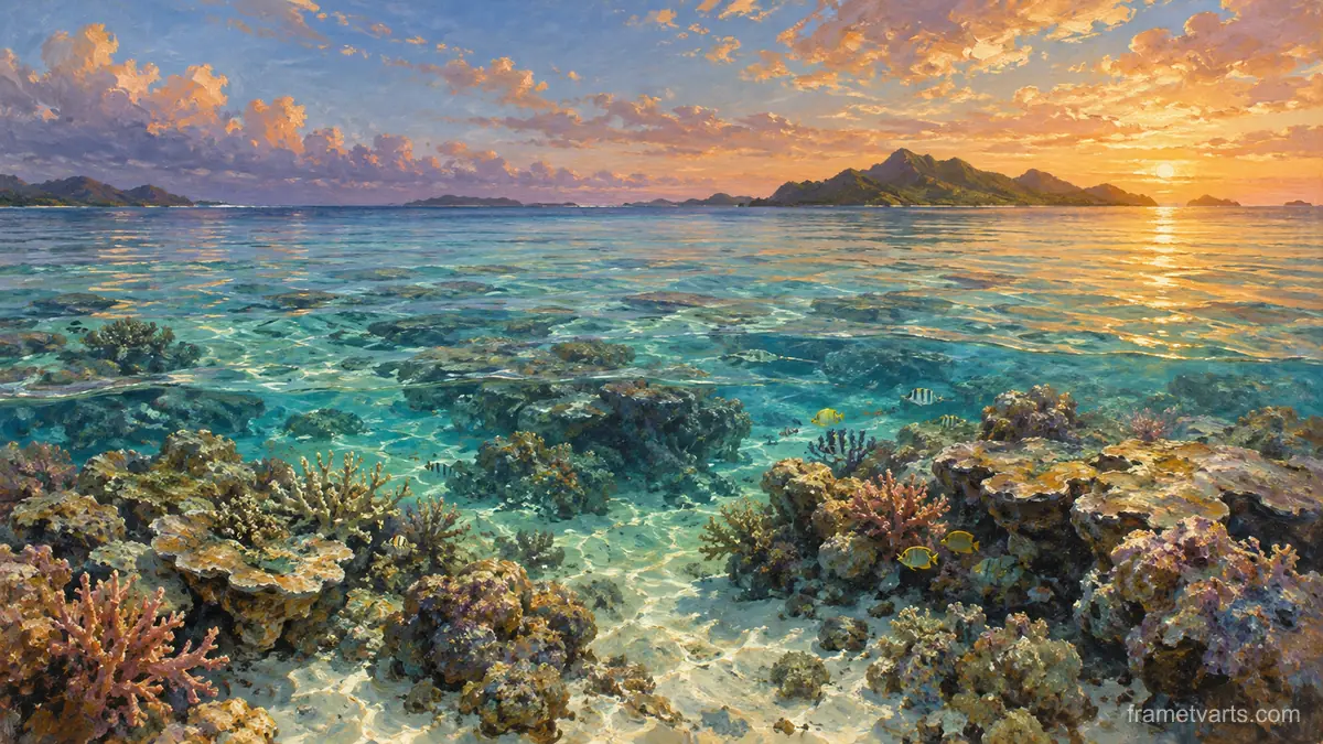 Coral reef viewed through clear shallows – atmospheric oil painting Samsung Frame TV art, 4K