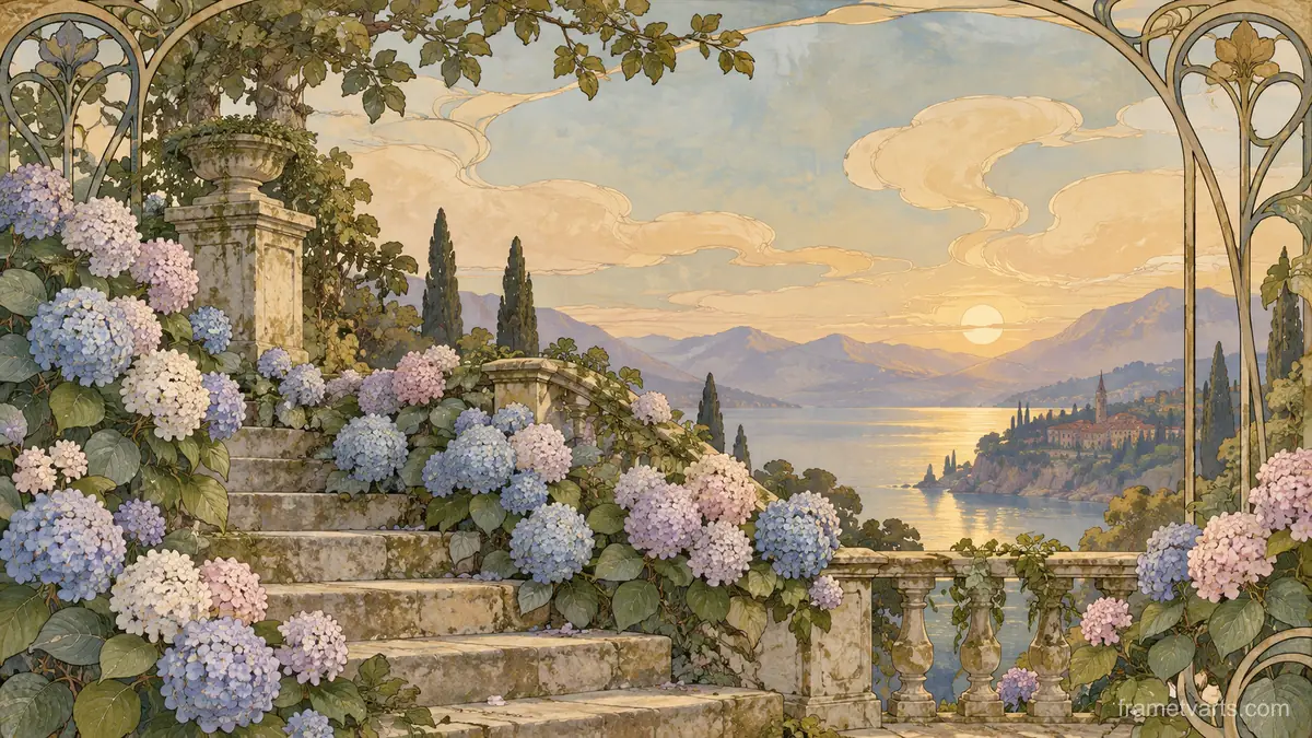 Hydrangeas spilling over weathered garden steps – decorative art nouveau painting Samsung Frame TV art, 4K
