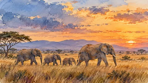 Elephant family crossing open grassland – loose watercolor Frame TV art