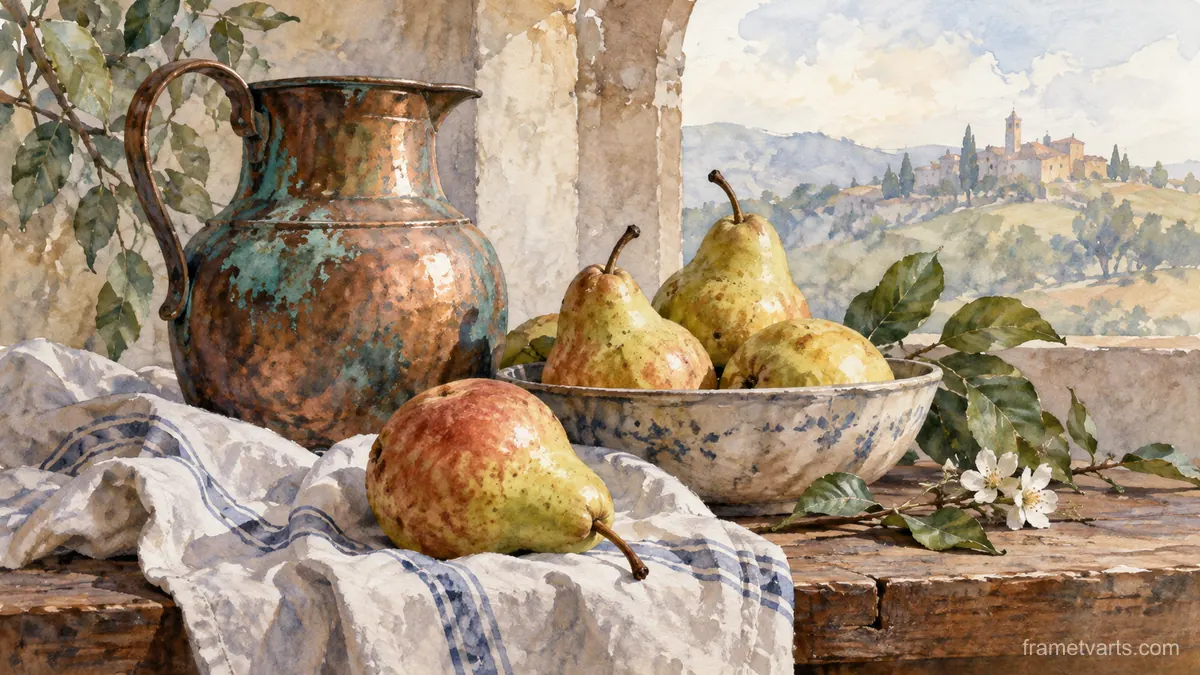 Pears beside a weathered copper jug – watercolor still life Samsung Frame TV art, 4K