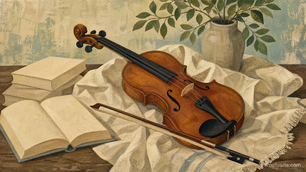 Violin and bow on folded linen – vintage-style gouache illustration Samsung Frame TV art, 4K