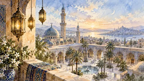 Ramadan lanterns and a crescent above a courtyard – elegant watercolor Frame TV art