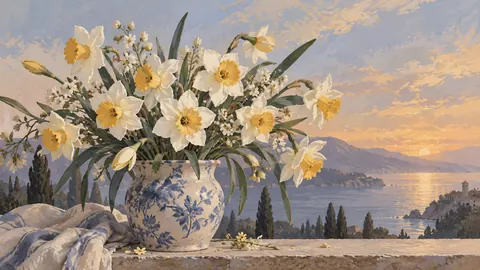 Birth-flower-inspired bouquet of narcissus – decorative gouache keepsake composition Frame TV art