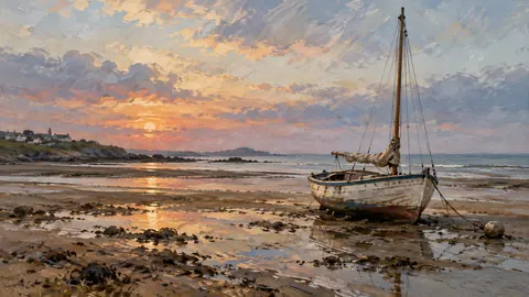 Sailing dinghy resting on tidal sand – atmospheric oil painting Frame TV art