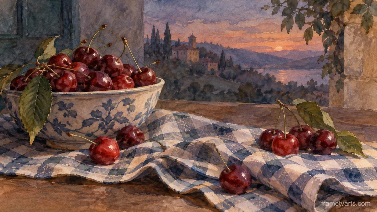 Cherries on a folded checked cloth – watercolor still life Samsung Frame TV art, 4K