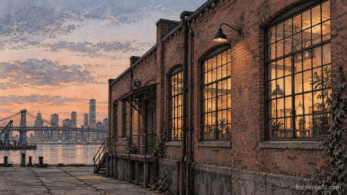Brick warehouse windows in evening light – architectural ink drawing Samsung Frame TV art, 4K